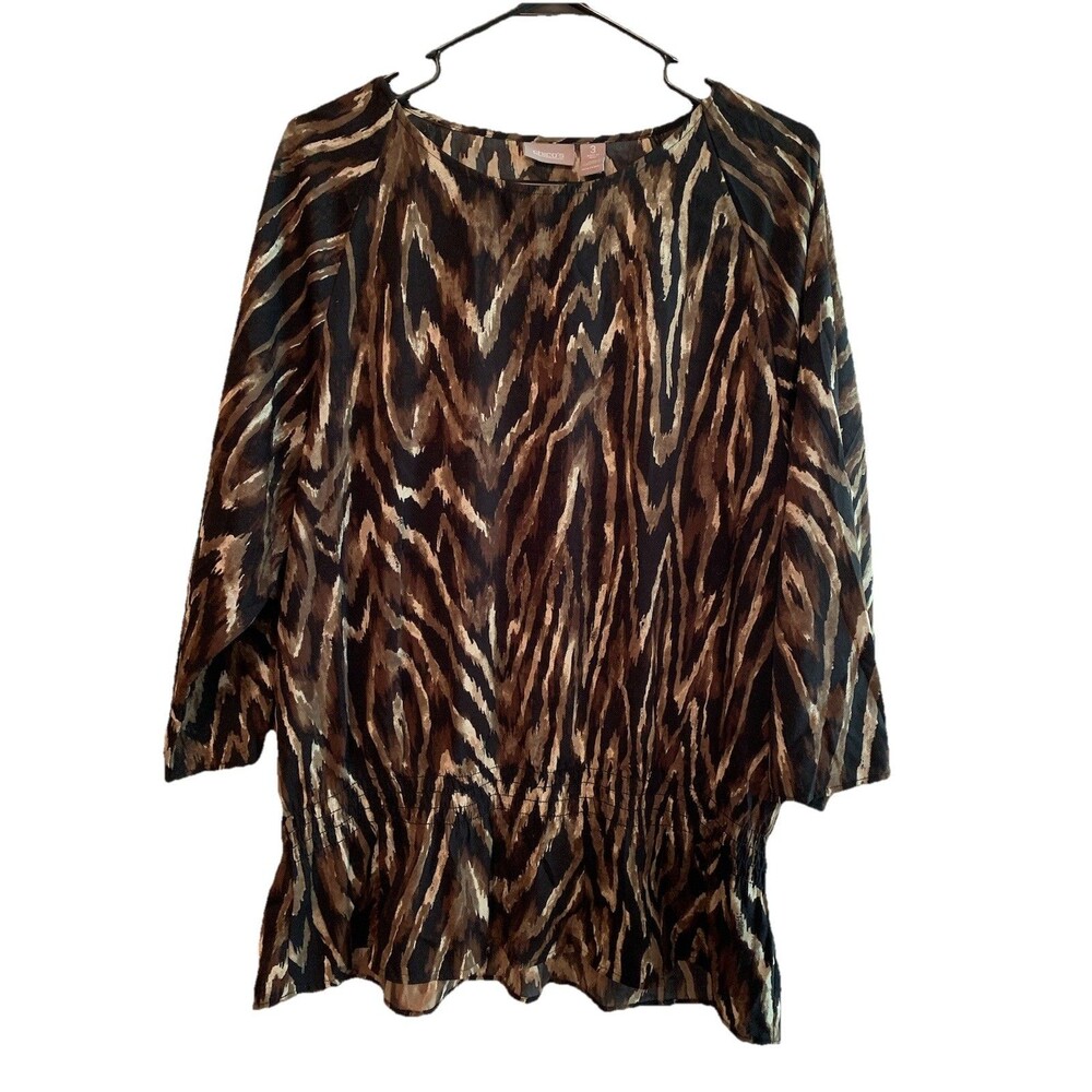 Chicos Size 3 Womens XL Top Animal Print Elastic Waist Brown Lightweight